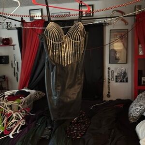 Black leatherr rhinestone mini dress